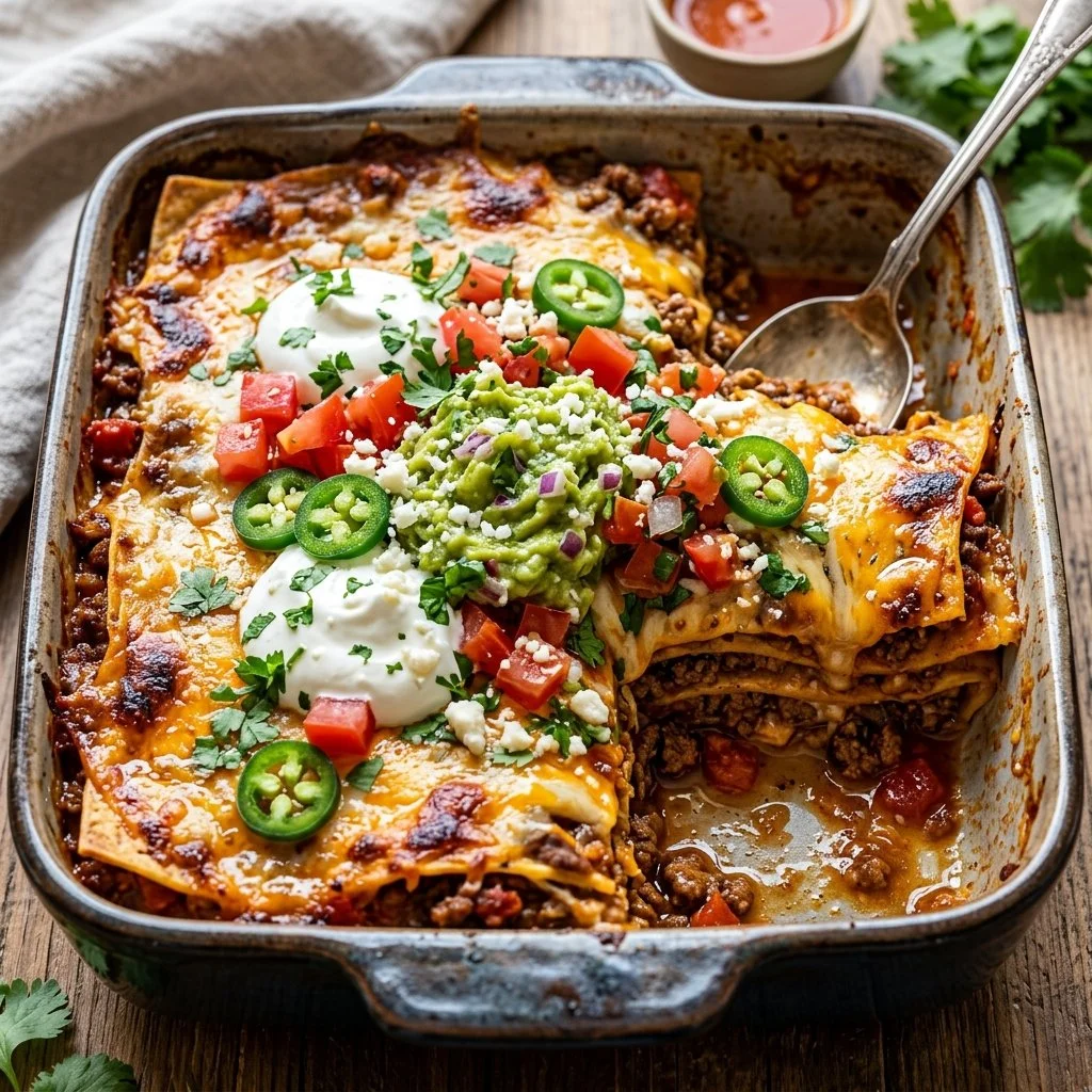 Delicious Taco Lasagna with layers of tortillas, beef, cheese, and spices