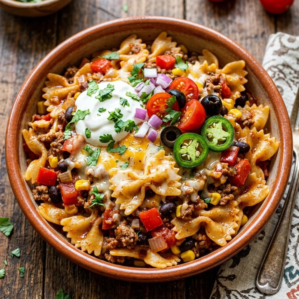 Delicious taco pasta served with toppings in a colorful bowl