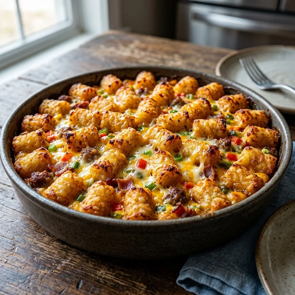 Tater Tot Breakfast Casserole topped with cheese and herbs
