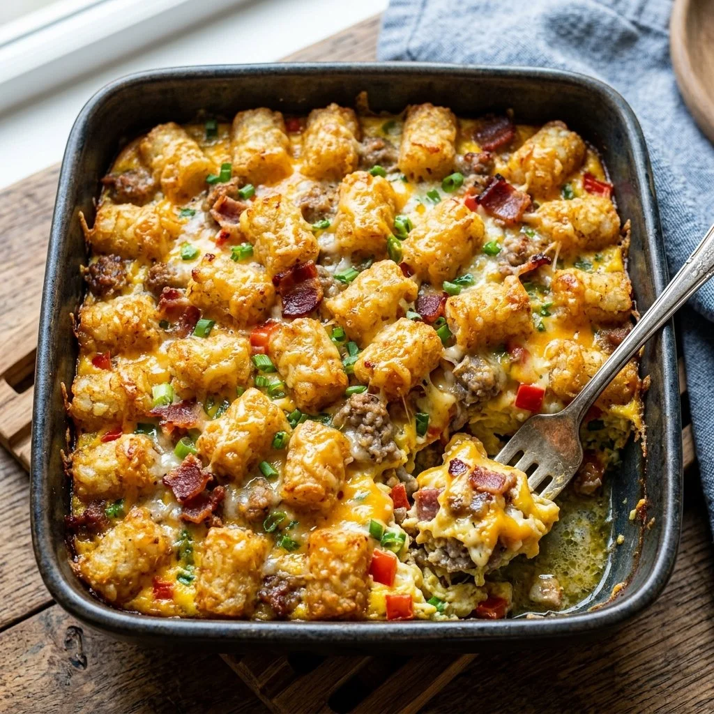 Delicious Tater Tot Breakfast Casserole loaded with eggs and cheese