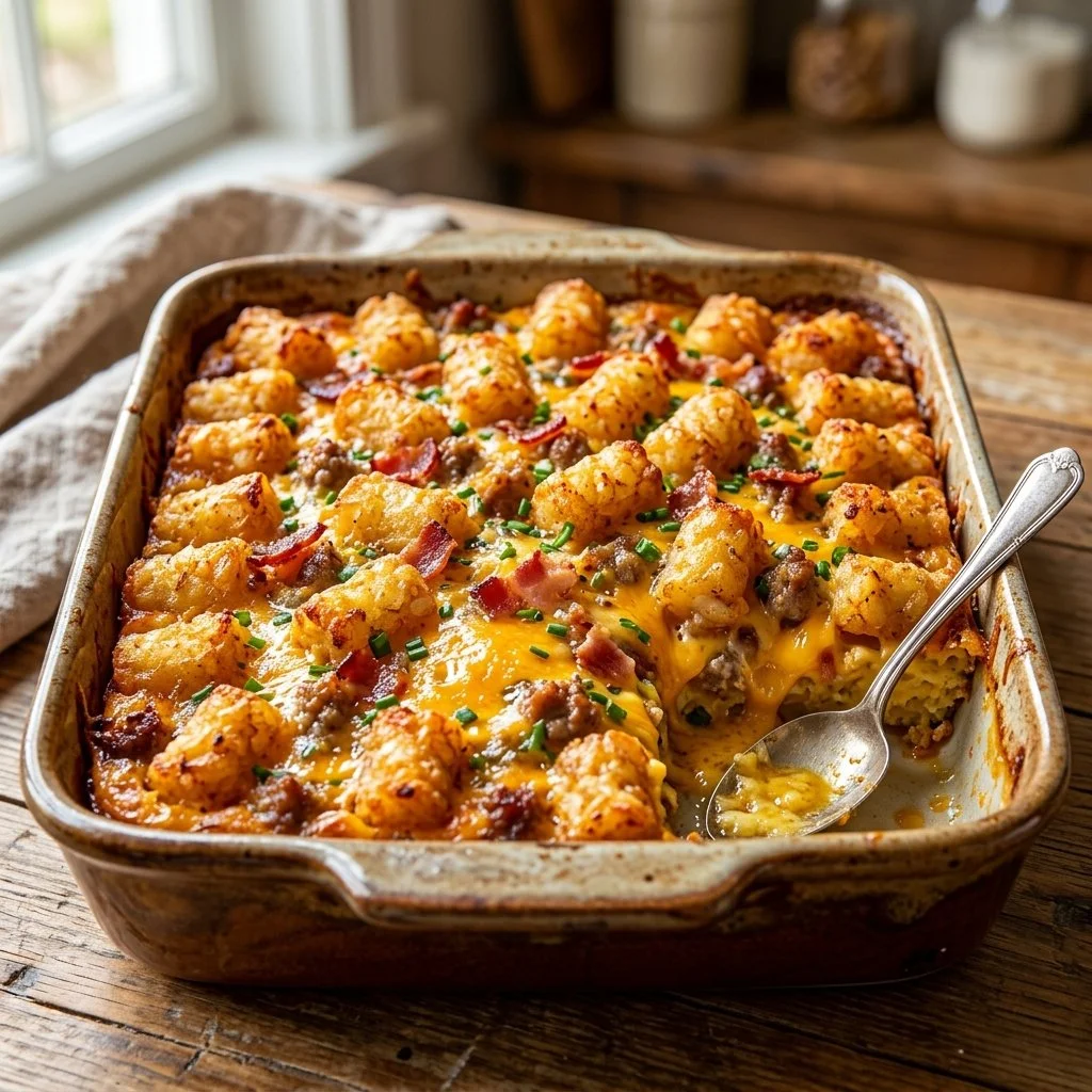 Delicious Tater Tot Breakfast Casserole served in a baking dish