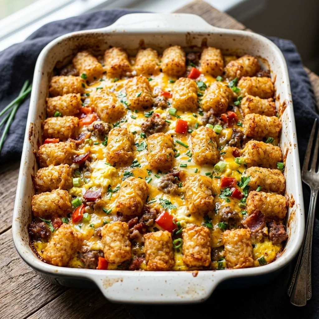 Tater Tot Breakfast Casserole served in a baking dish with toppings