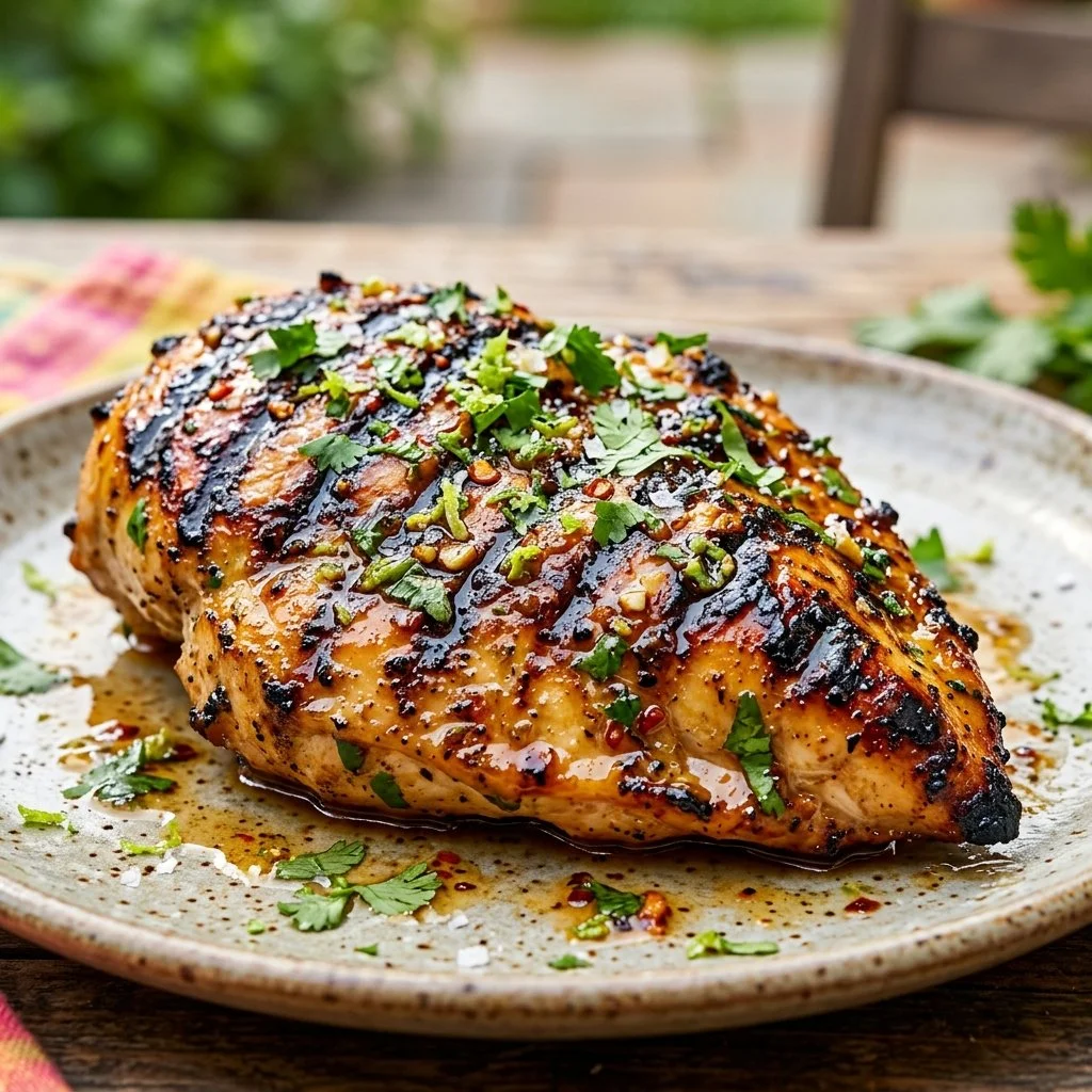 Delicious tequila lime grilled chicken garnished with fresh lime and herbs.