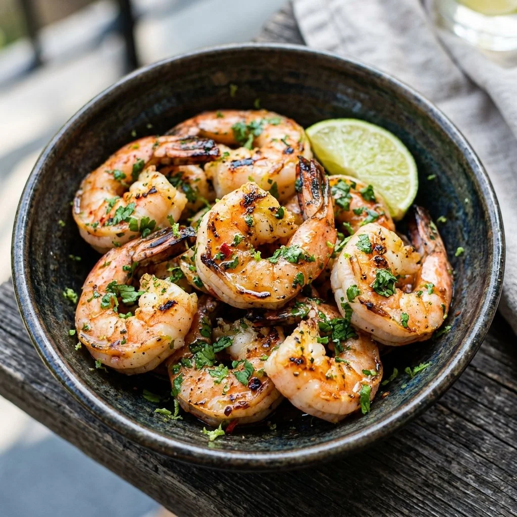 Tequila Lime Grilled Shrimp served on a plate with fresh garnishes
