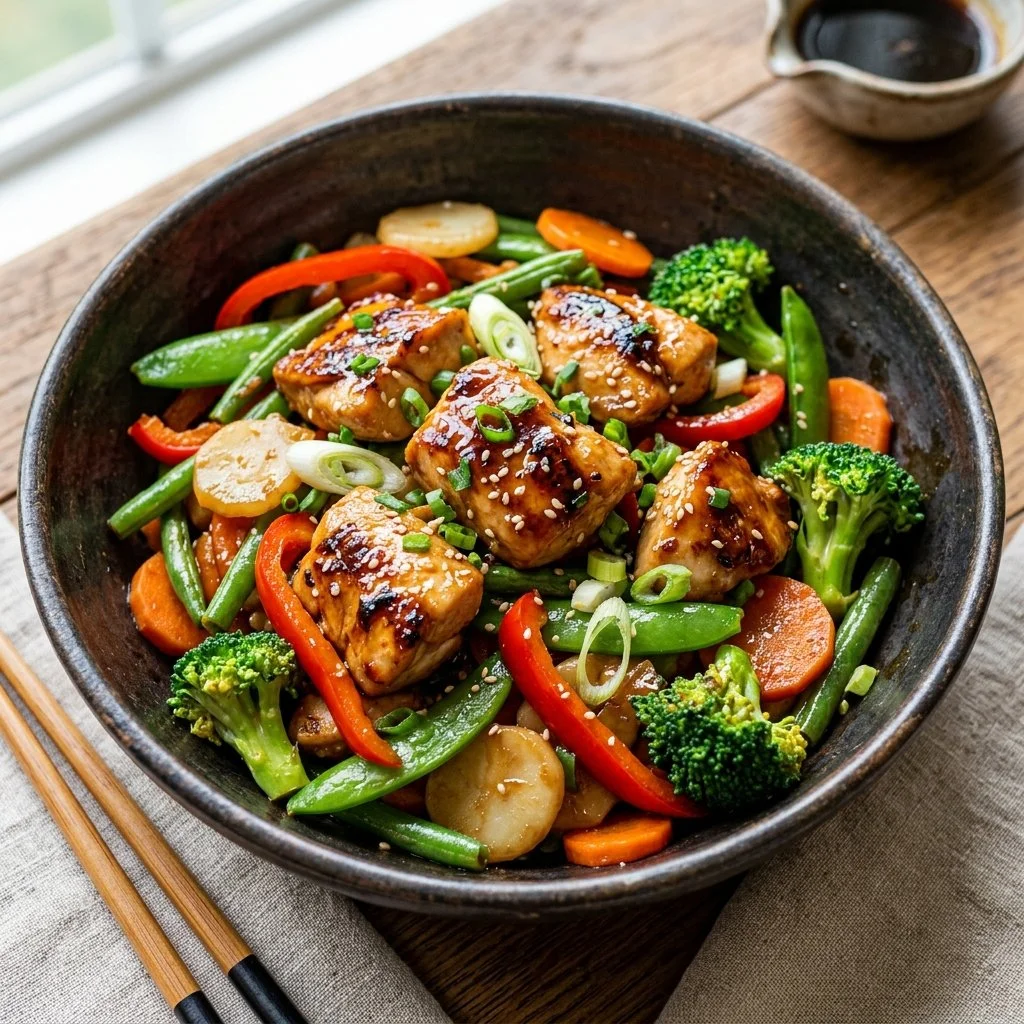 Teriyaki chicken stir fry with colorful vegetables in a skillet