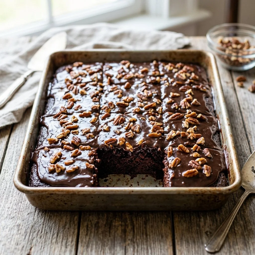 Delicious Texas Sheet Cake with creamy chocolate frosting