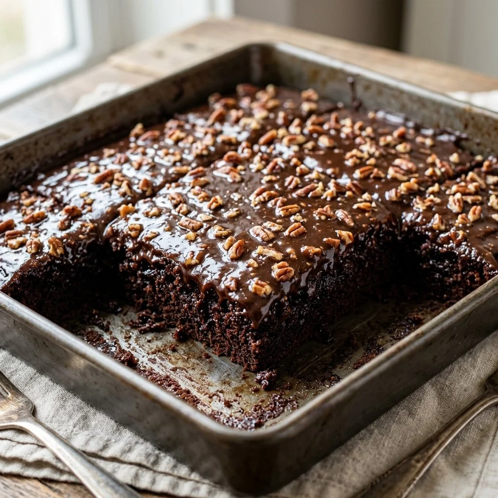 Delicious Texas Sheet Cake topped with chocolate frosting and pecans.