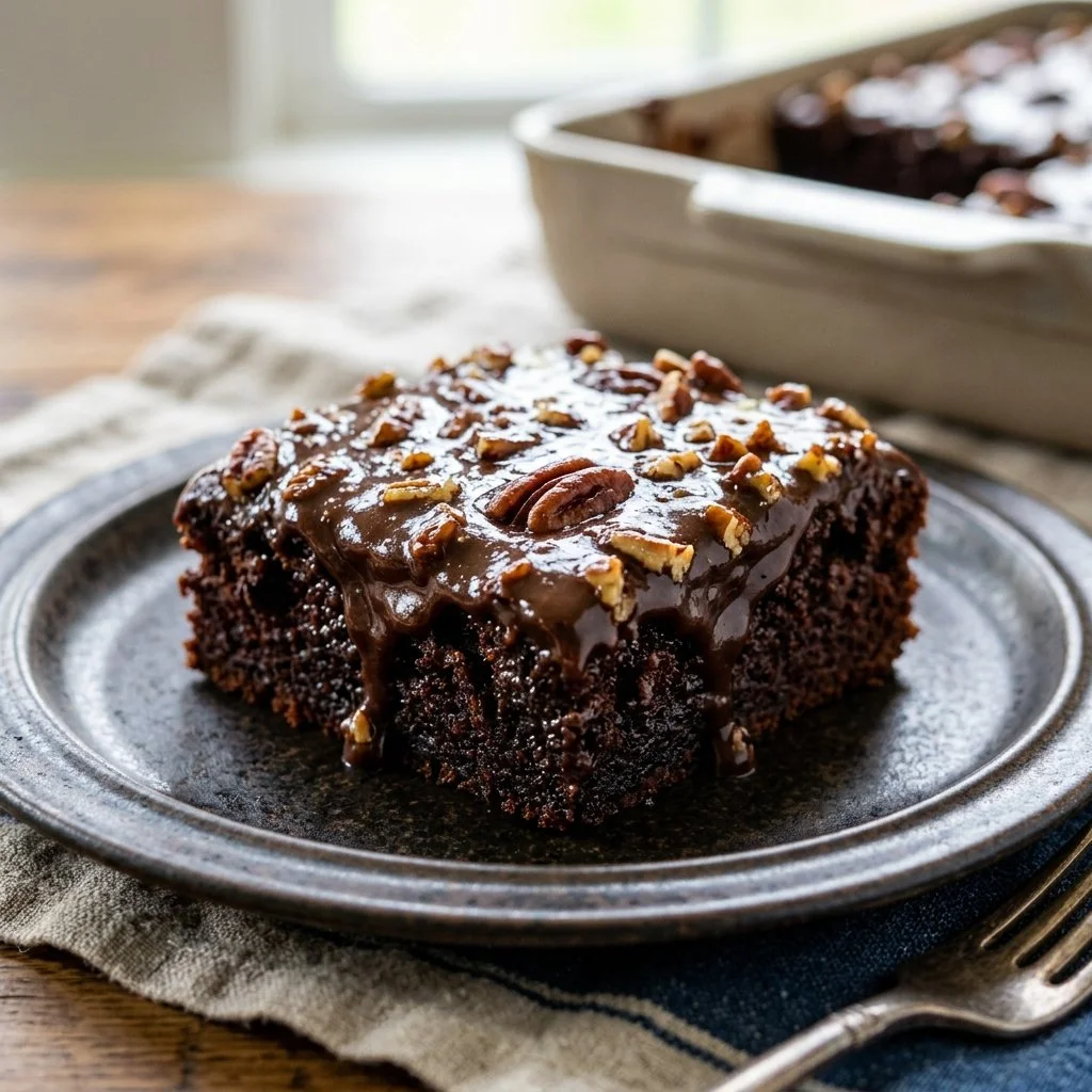 Delicious Texas Sheet Cake with chocolate frosting and sprinkles on top.