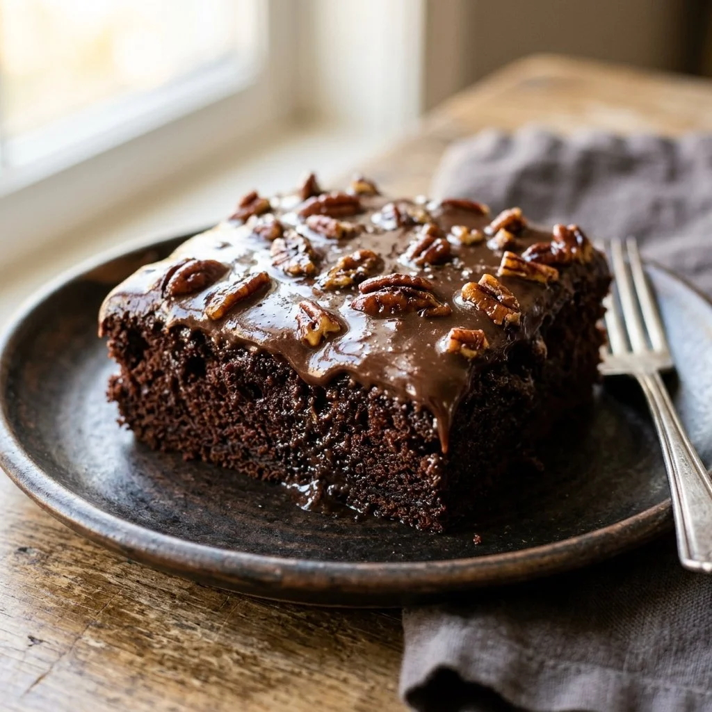 Delicious Texas Sheet Cake topped with chocolate frosting and pecans.