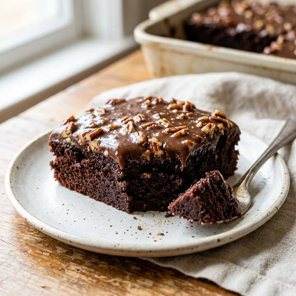 Delicious homemade Texas Sheet Cake with chocolate frosting on a rustic table.