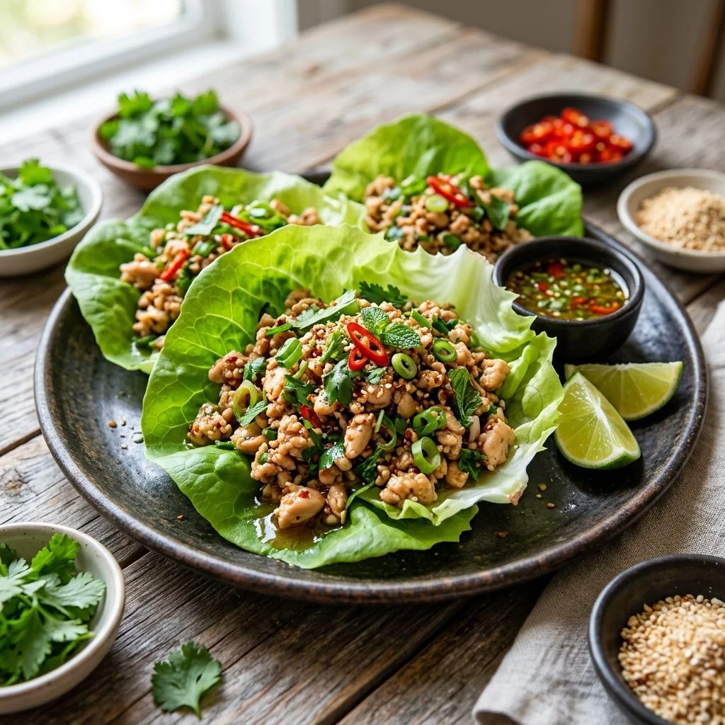 Thai Chicken Lettuce Wraps served on a plate with fresh vegetables