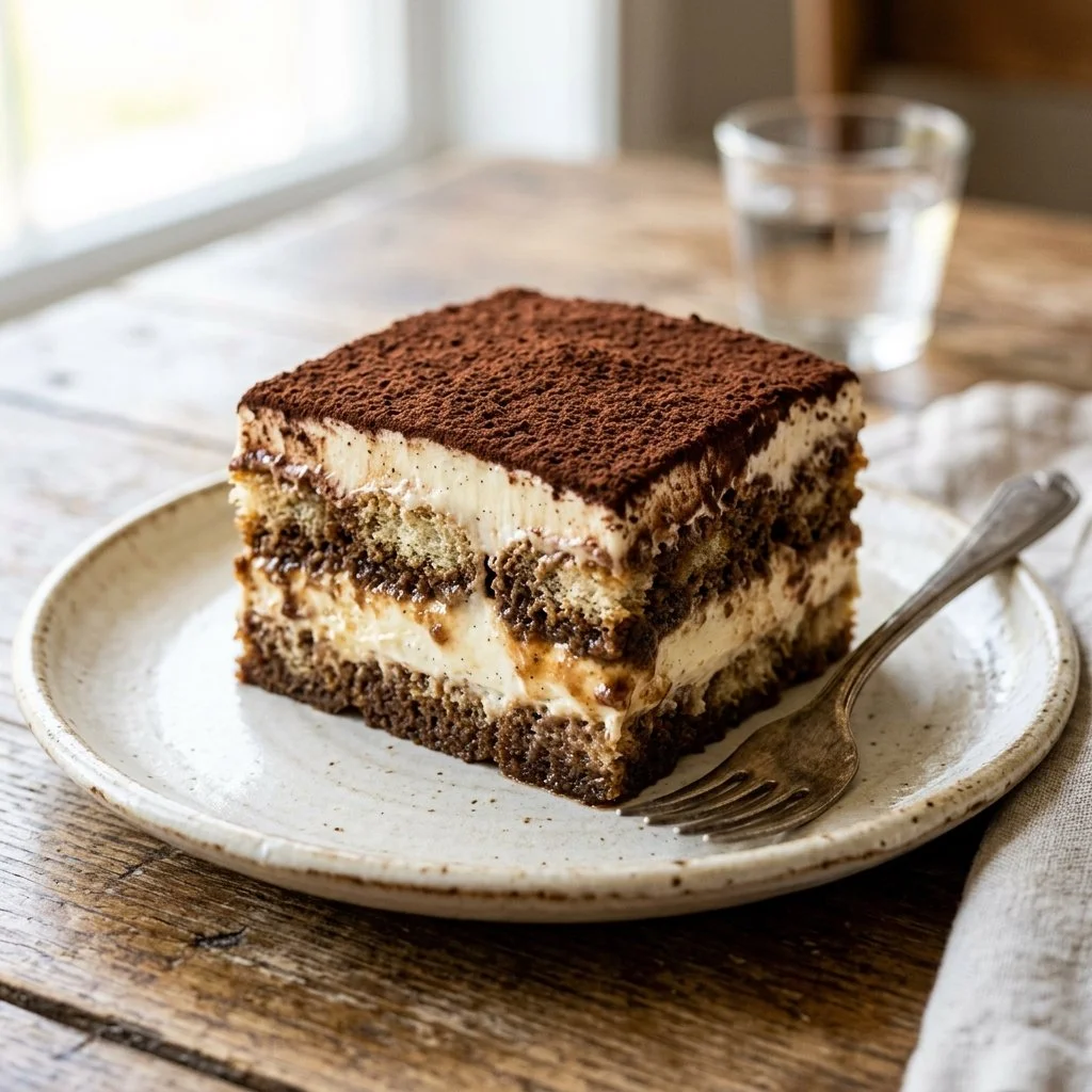 Delicious homemade tiramisu cake layered with coffee and mascarpone.