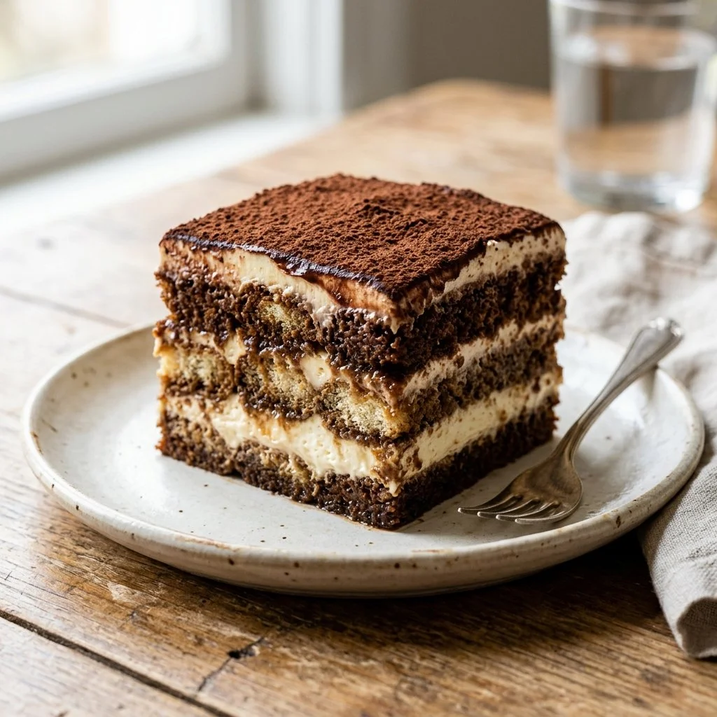 Delicious tiramisu layer cake with coffee and mascarpone cream toppings