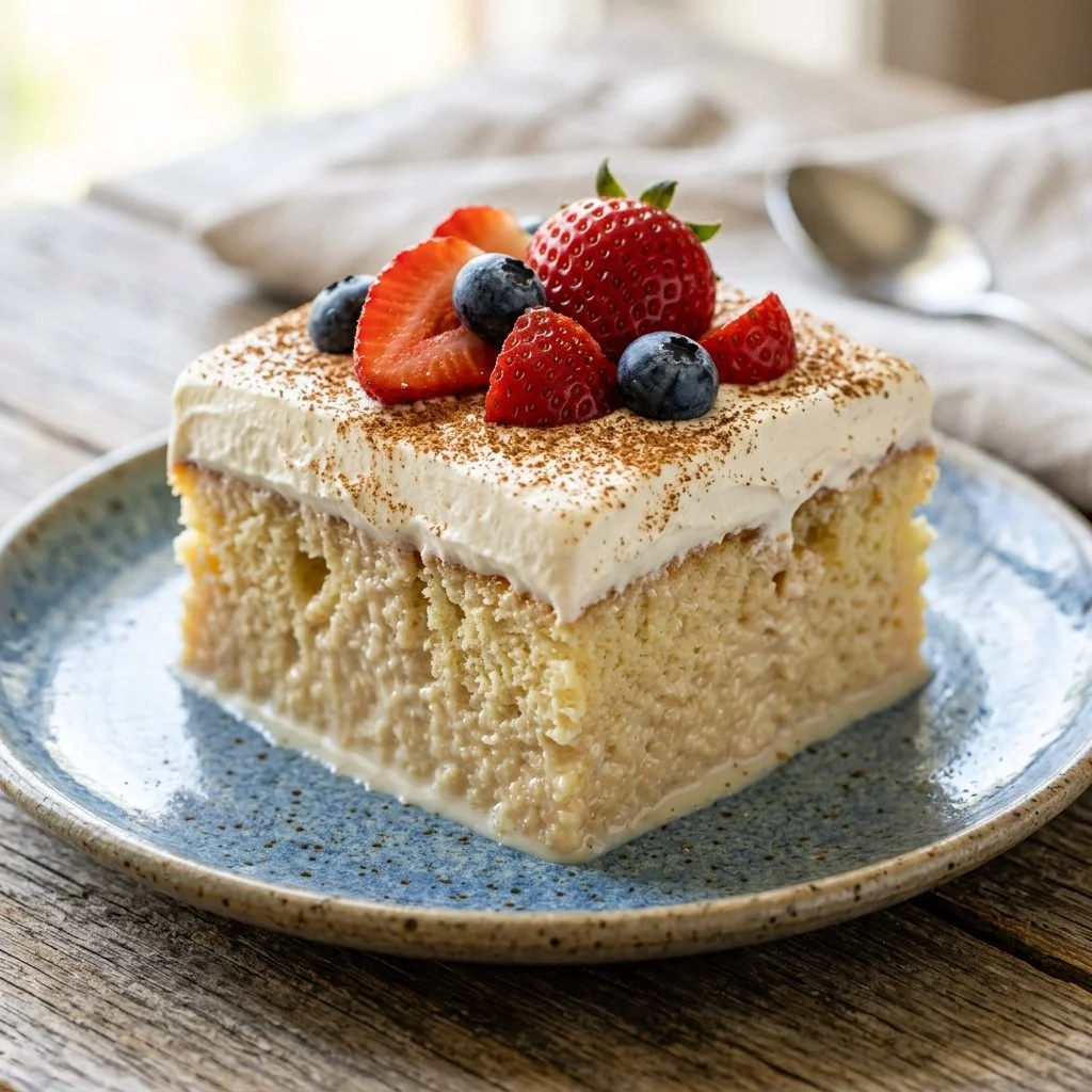 Delicious homemade Tres Leches Cake topped with whipped cream and strawberries.