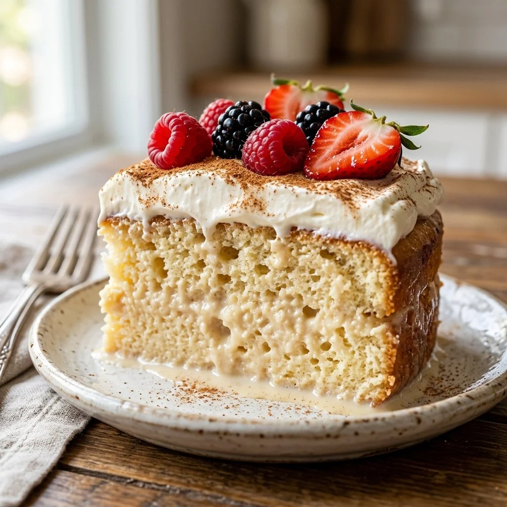Delicious Tres Leches Cake soaked in three types of milk, garnished with fresh cream.