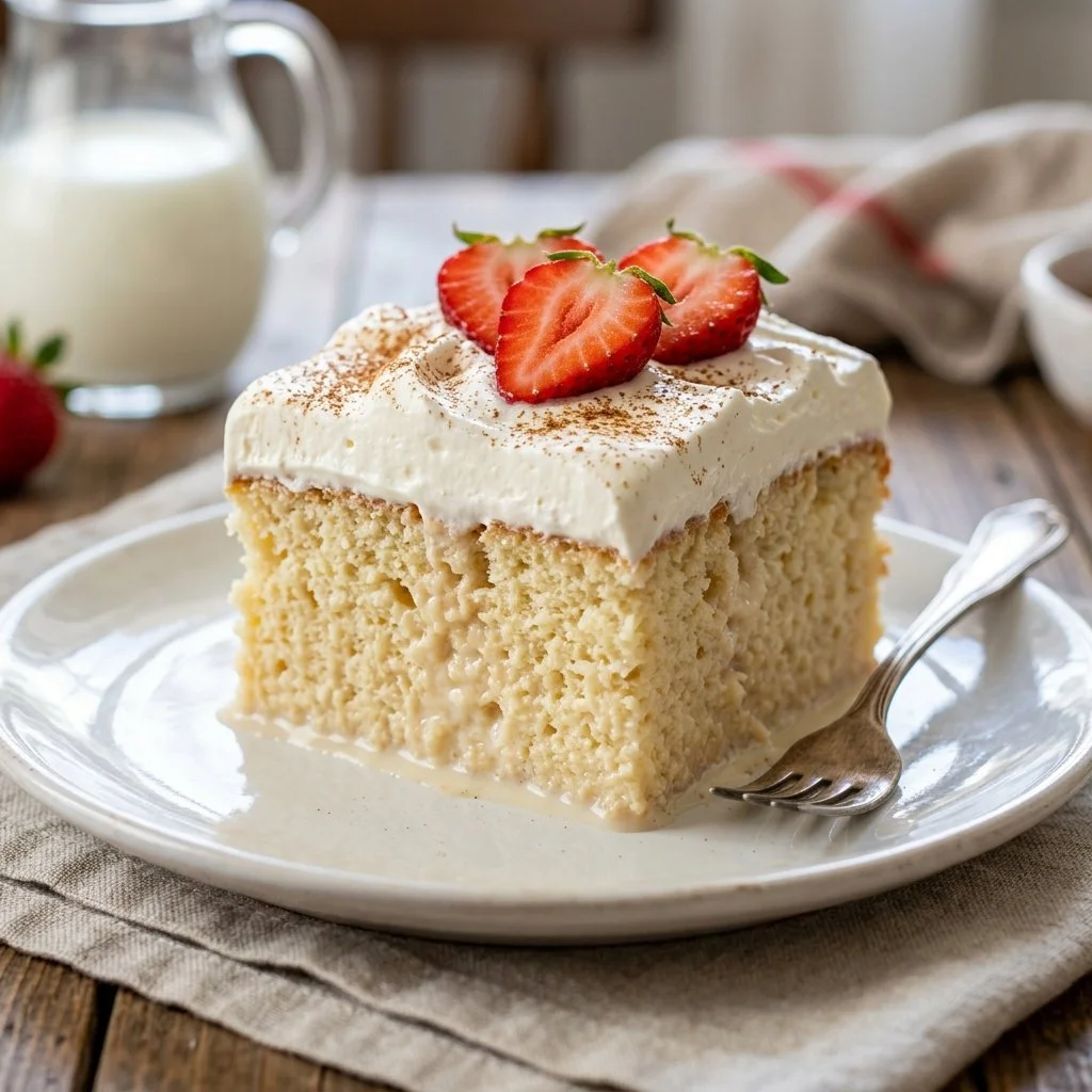 Delicious Tres Leches Cake soaked in three types of milk topped with cream