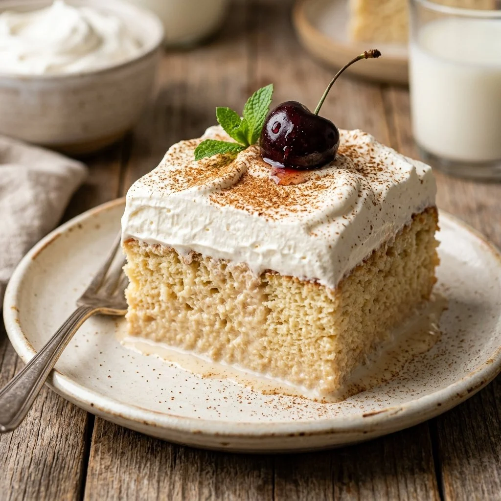 Slice of Tres Leches Cake topped with whipped cream and cherries