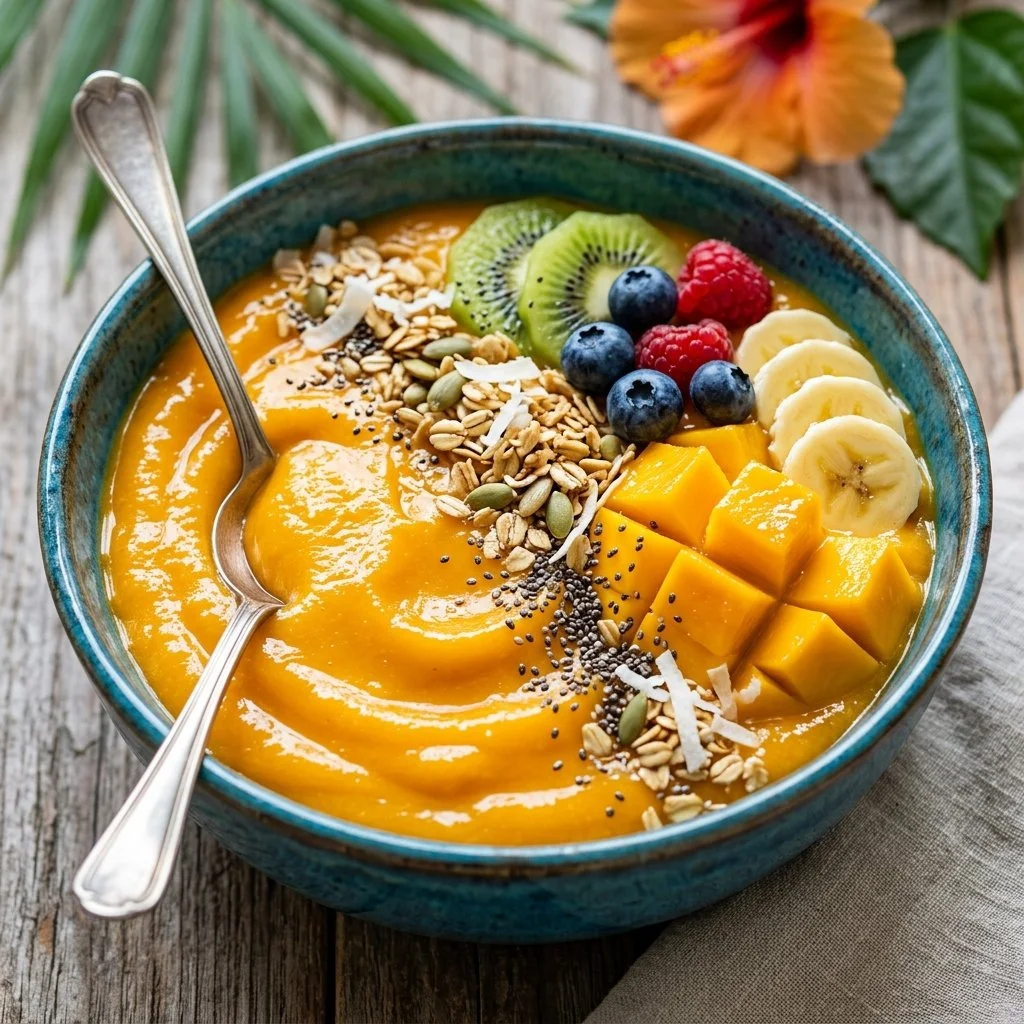 Tropical mango smoothie bowl topped with fresh fruit and chia seeds