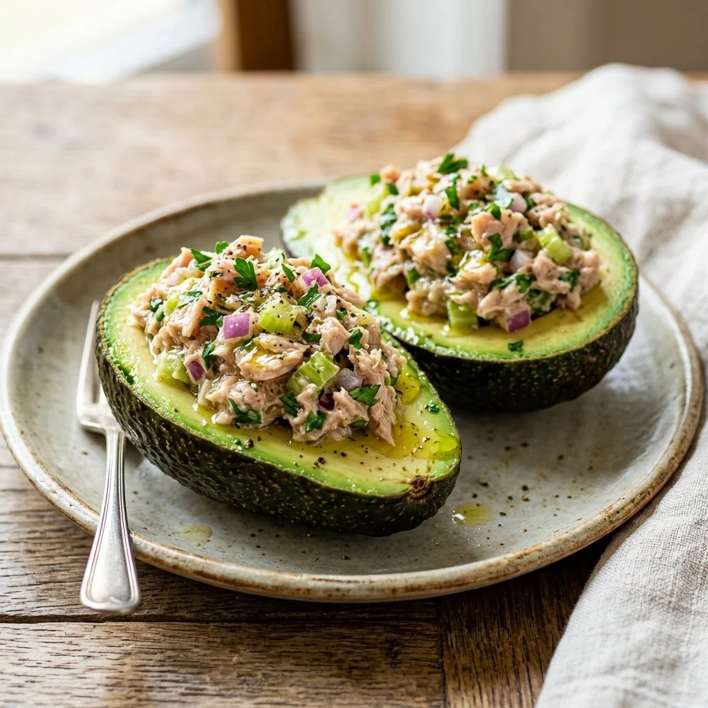 Tuna stuffed avocados served on a plate, garnished with herbs and spices.