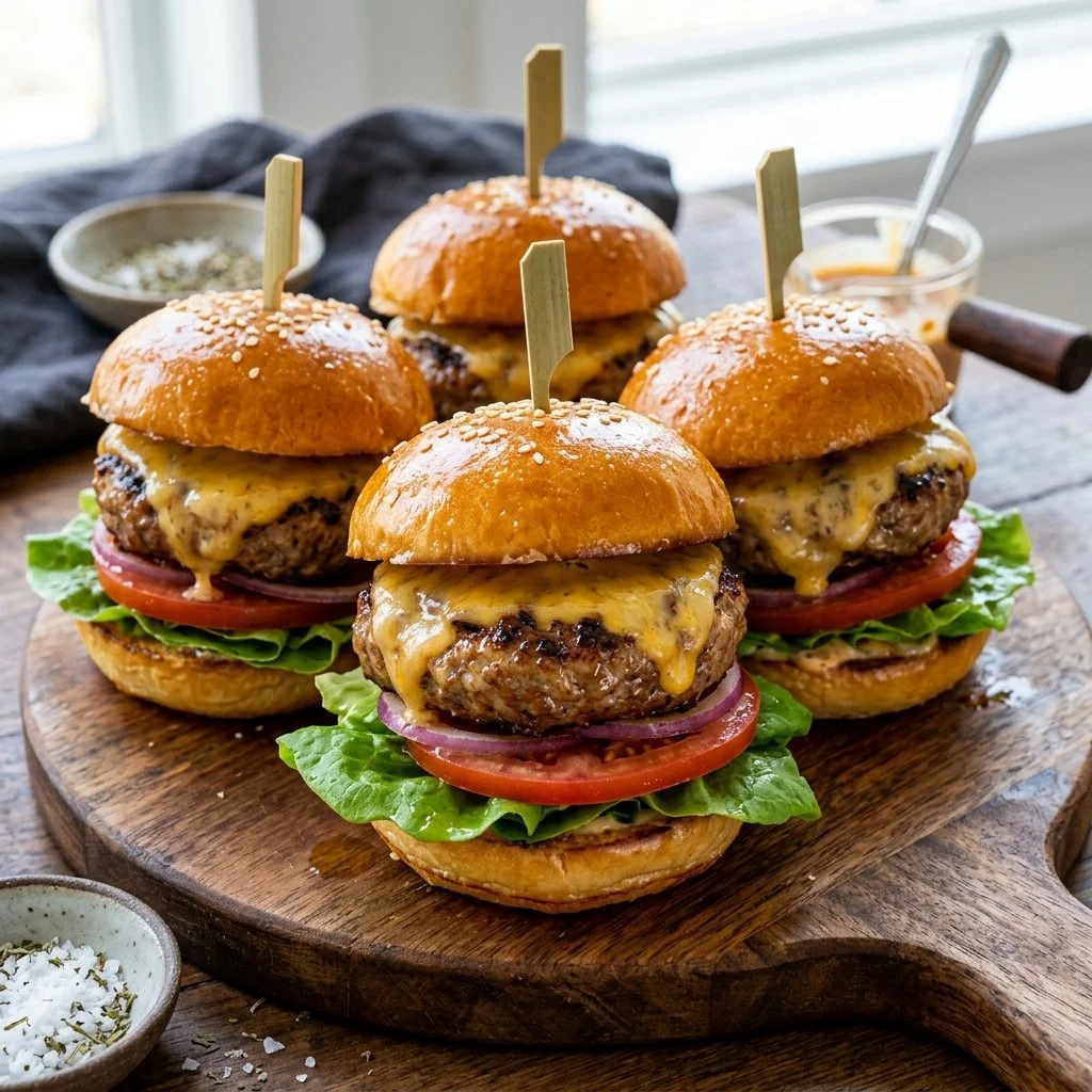 Savory turkey burger sliders with fresh toppings served on a platter.