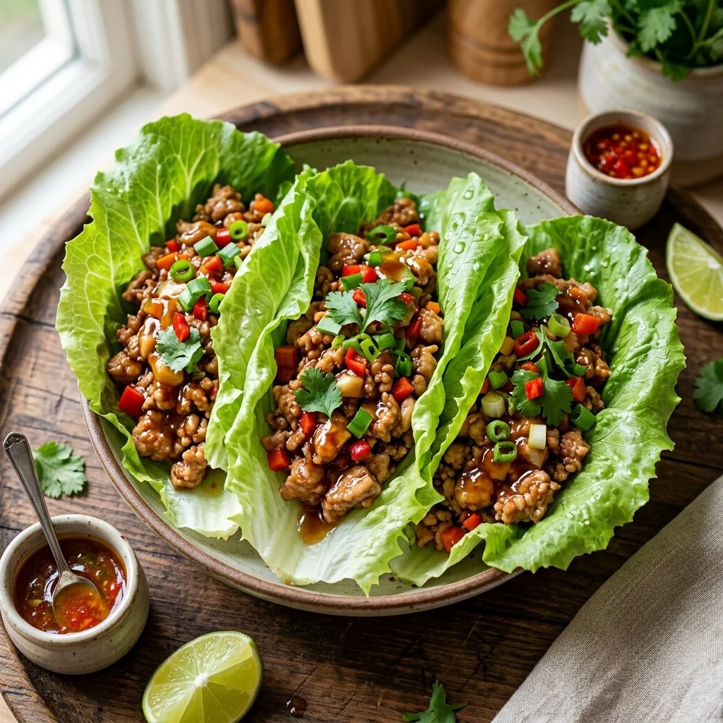 Healthy turkey lettuce wraps ready to serve on a platter