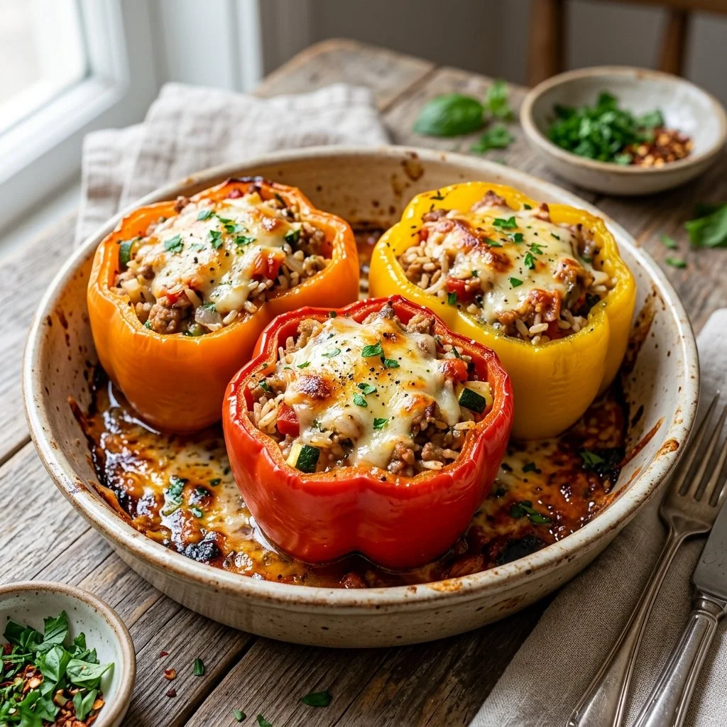 Delicious turkey stuffed peppers served on a plate, topped with cheese and herbs.