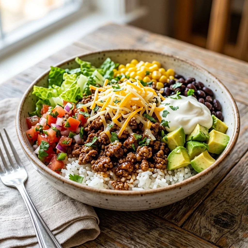Delicious Turkey Taco Bowls topped with fresh ingredients and spices