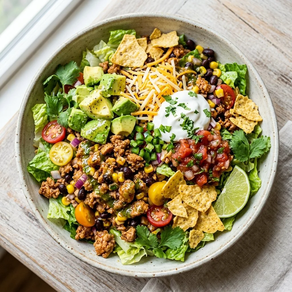 A colorful Turkey Taco Salad topped with fresh vegetables and taco-seasoned turkey.