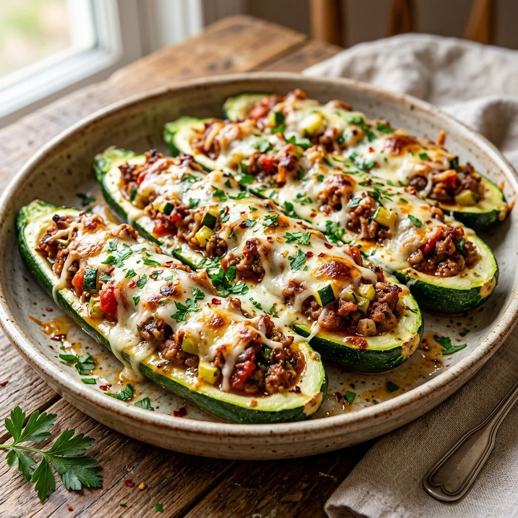 Turkey Zucchini Boats filled with seasoned ground turkey and topped with cheese