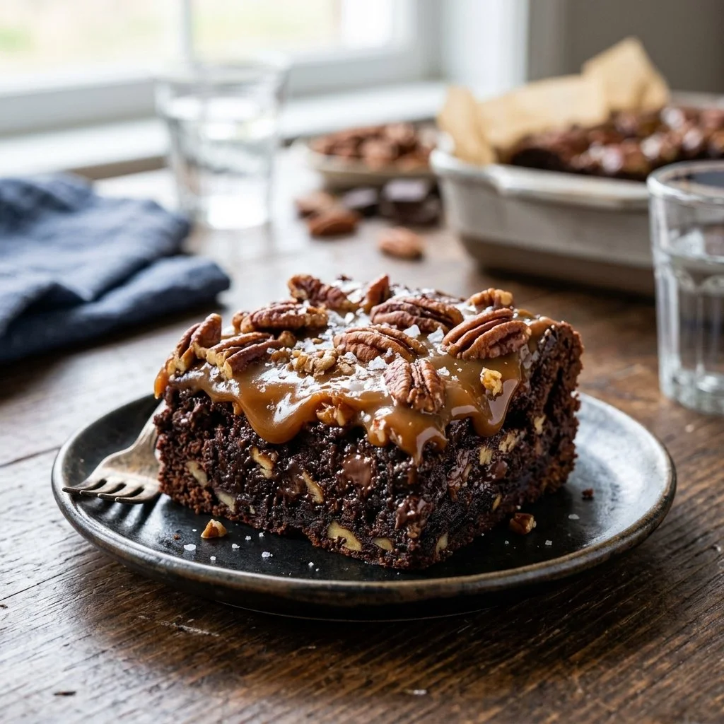 Delicious turtle brownies with chocolate, caramel, and pecans on a plate.