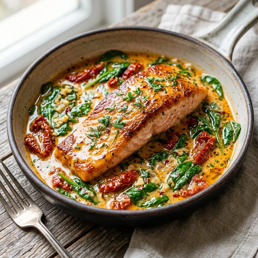 Delicious Tuscan Butter Salmon with herbs and creamy sauce on a plate.