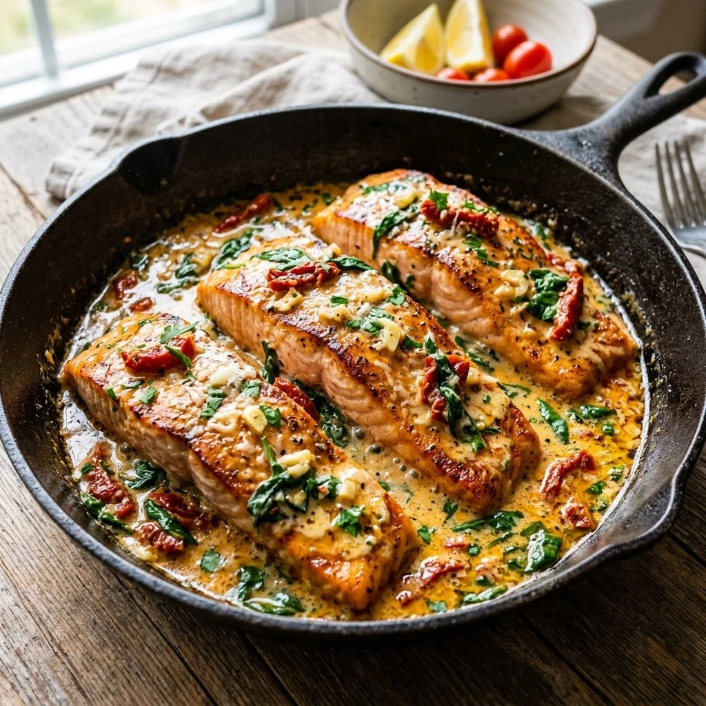 Plate of Tuscan Butter Salmon garnished with herbs and served with vegetables