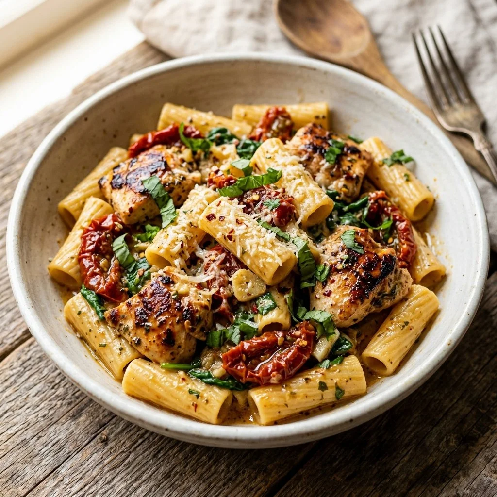 Delicious plate of Tuscan Chicken Pasta with herbs and vegetables