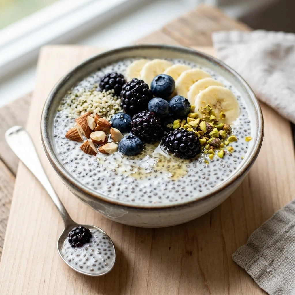A bowl of creamy vanilla chia pudding topped with fresh fruits
