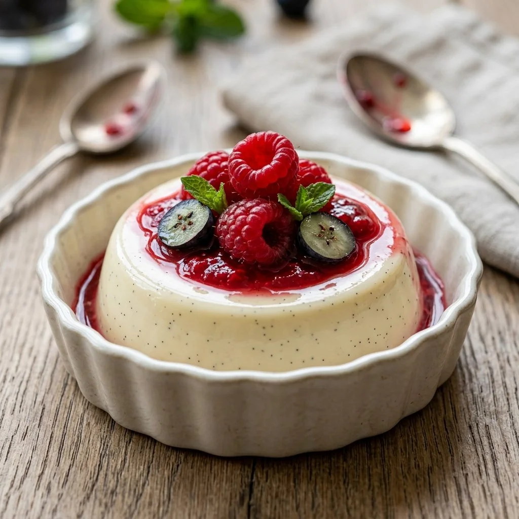 Delicious Vanilla Panna Cotta dessert garnished with fresh berries.