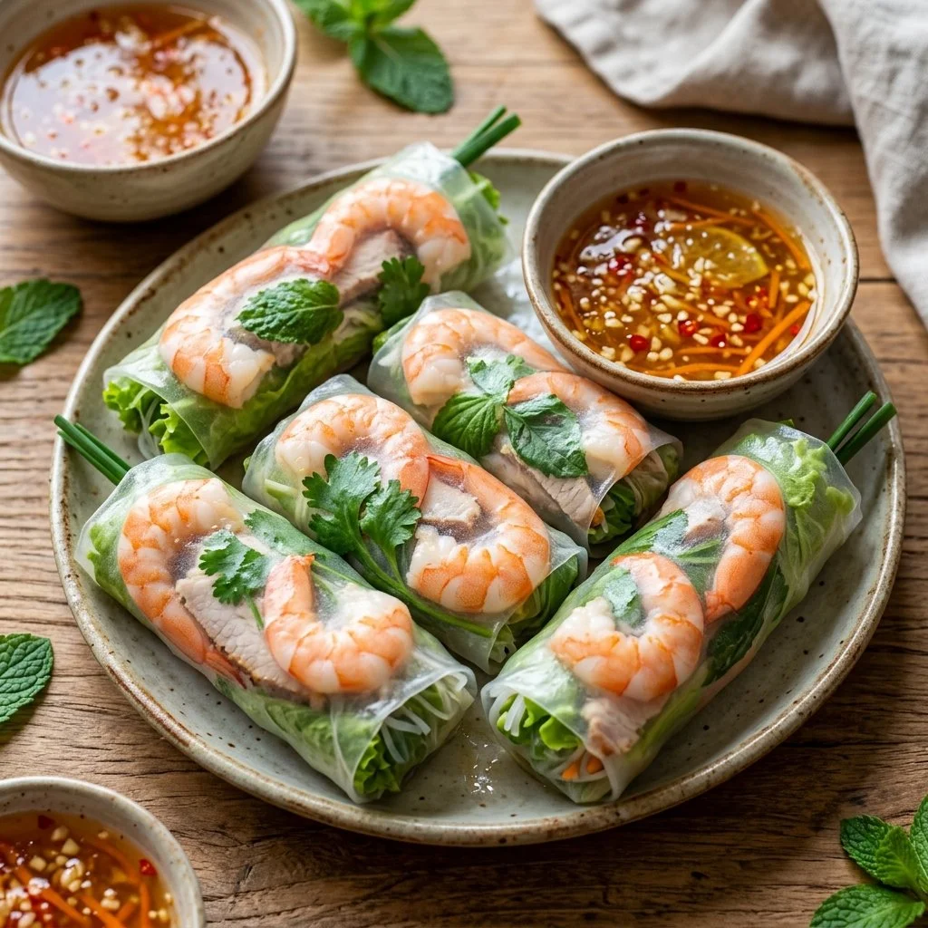 Delicious Vietnamese spring rolls garnished with fresh herbs and dipping sauce