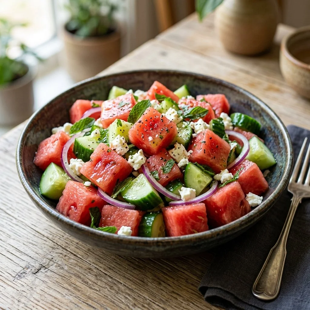 Delicious Watermelon Cucumber Feta Salad with fresh ingredients