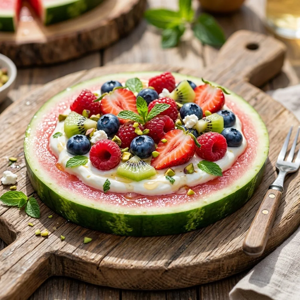 Colorful watermelon pizza topped with fruits and mint leaves