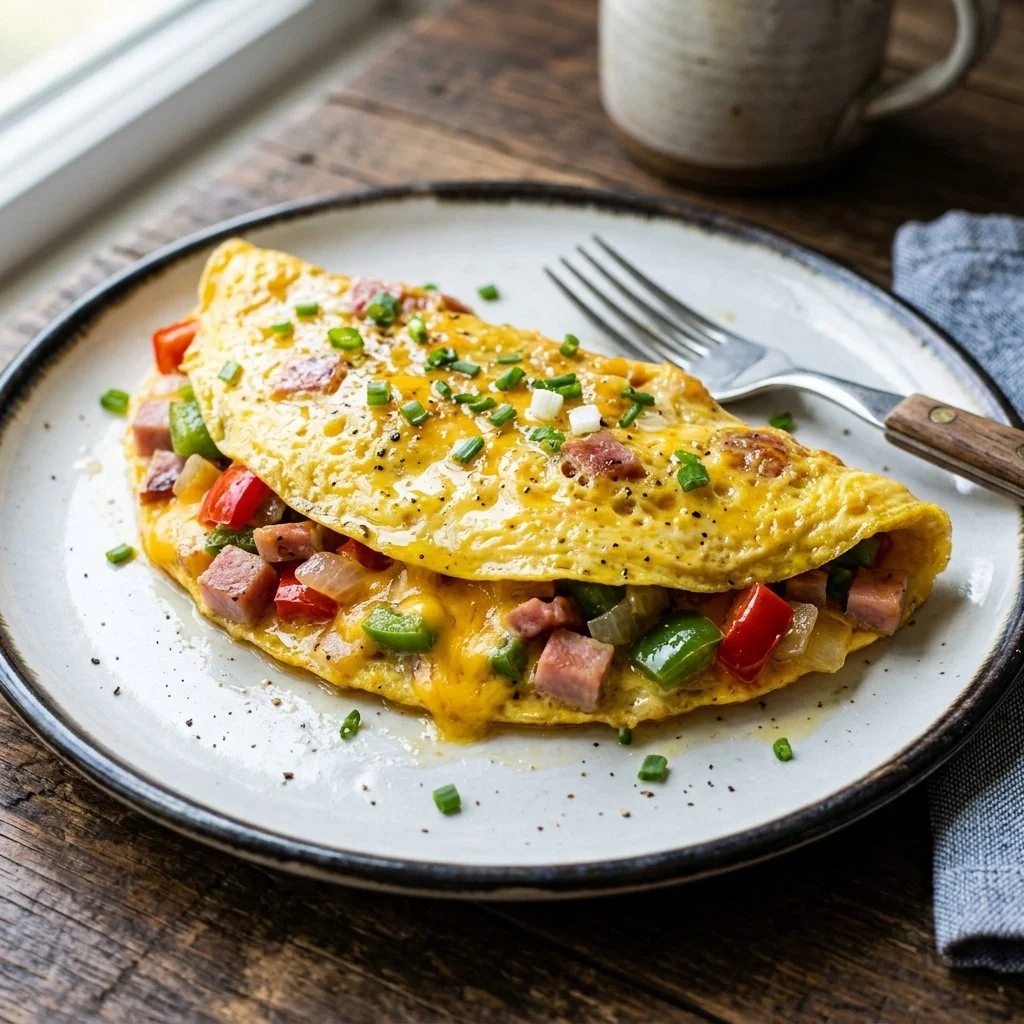 Delicious Western Omelet with bell peppers, onions, and cheese on a plate