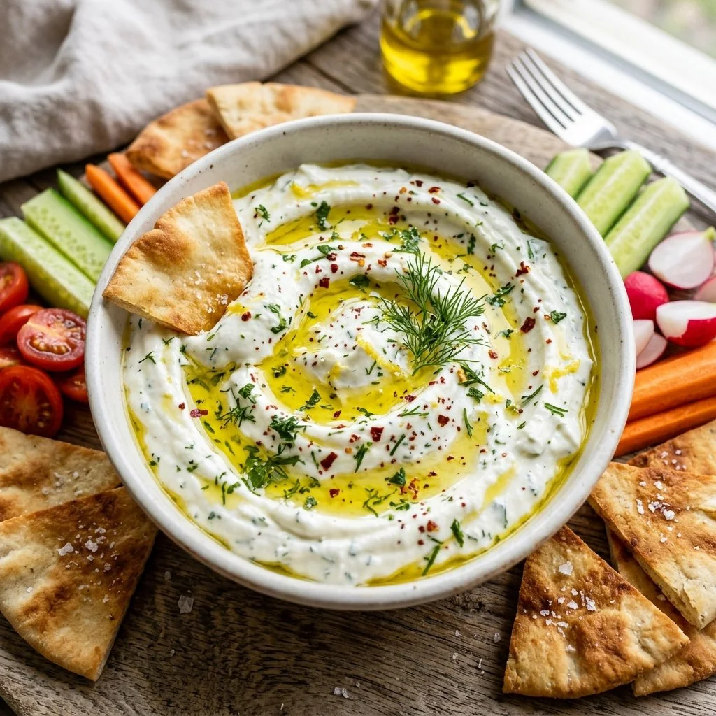 Delicious whipped feta dip served with fresh vegetables and crackers
