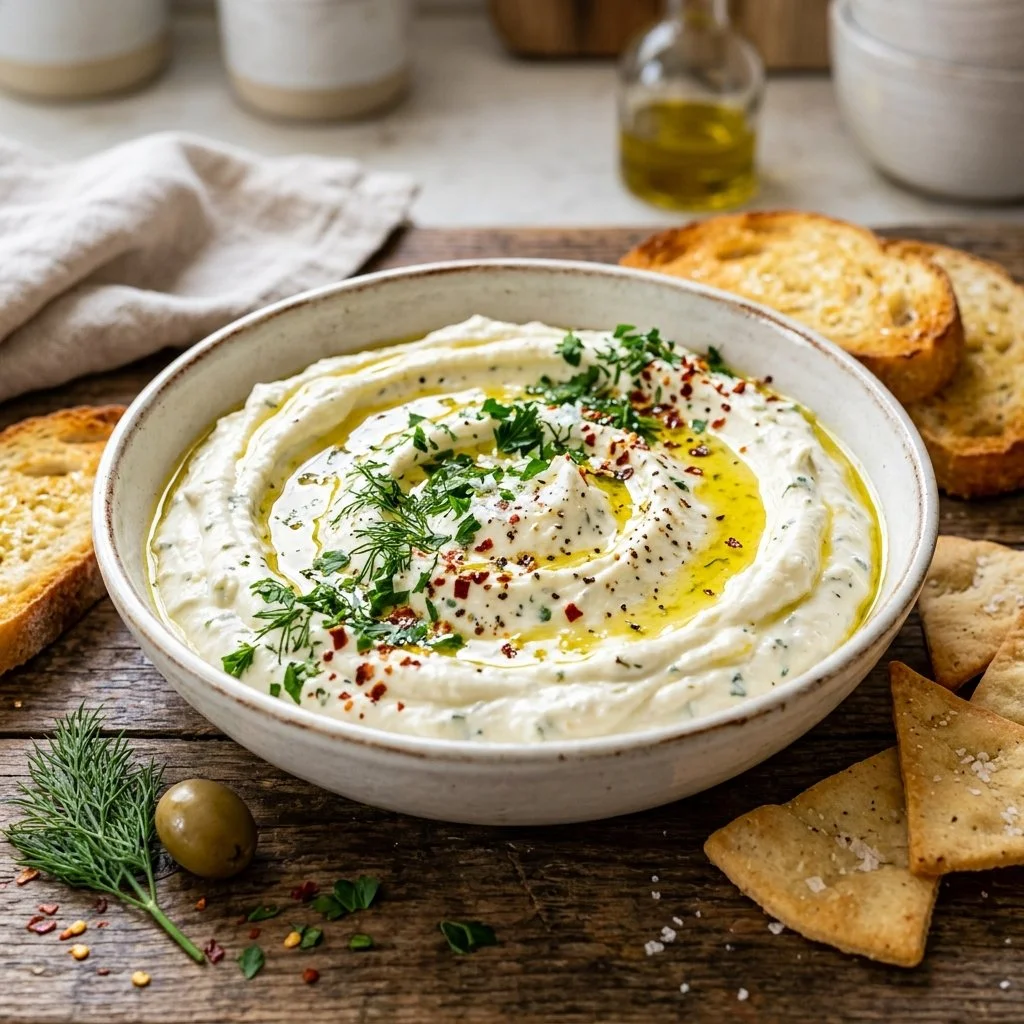 A bowl of whipped feta dip served with fresh veggies and bread.