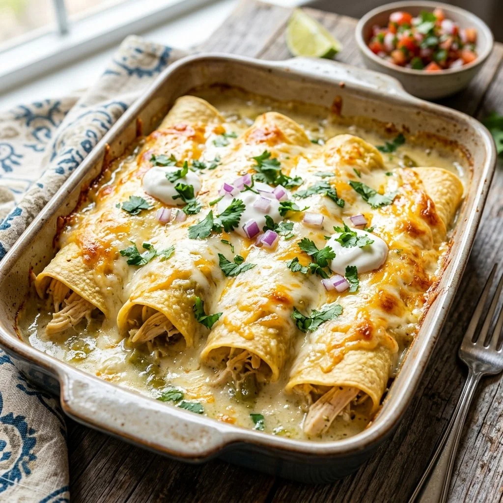 Delicious white chicken enchiladas topped with creamy sauce and garnished