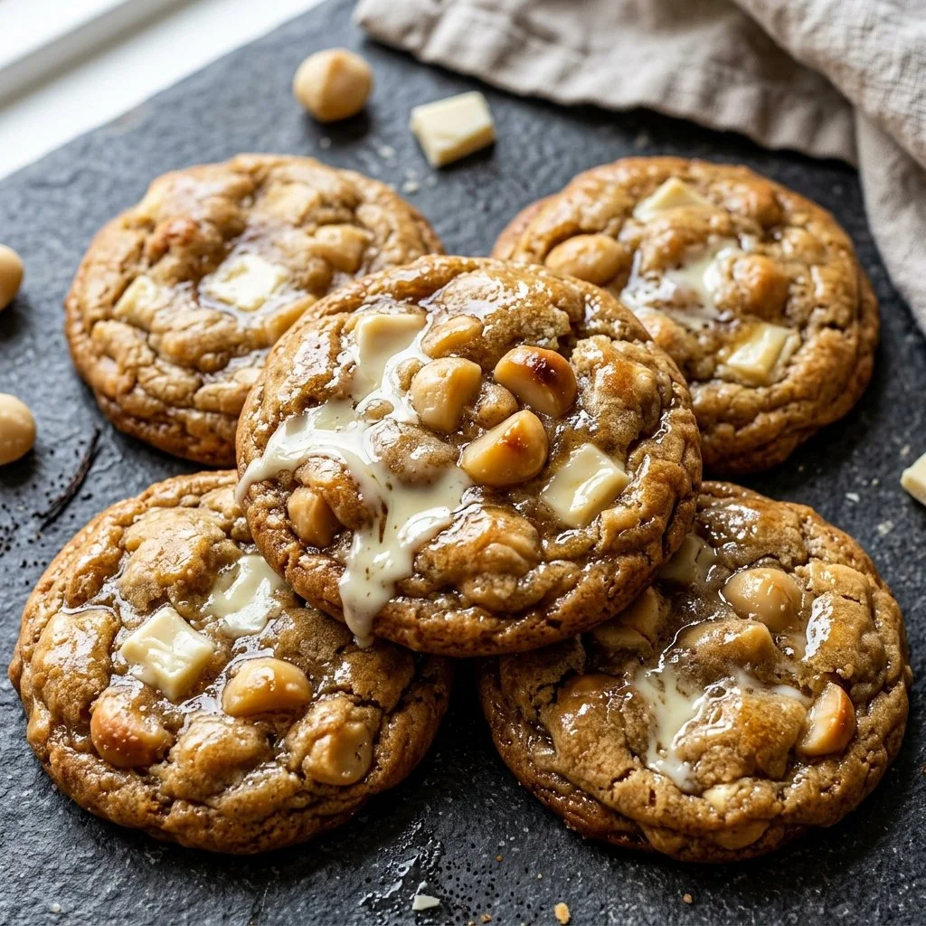 Deliciously baked white chocolate macadamia cookies on a rustic table