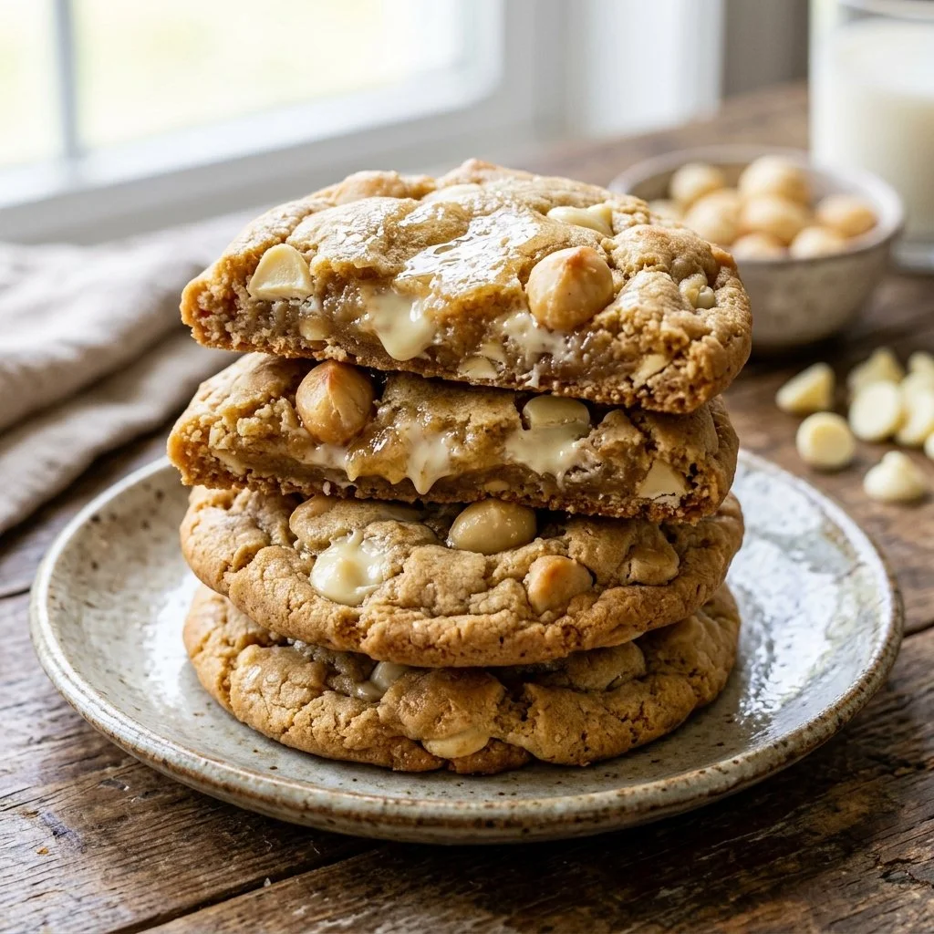 Batch of freshly baked White Chocolate Macadamia Cookies on a rustic wooden table