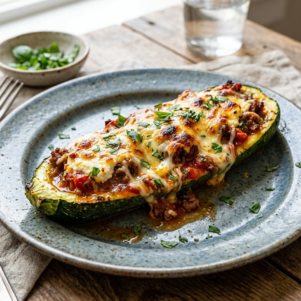 Zucchini boat lasagna filled with rich layers of cheese and sauce