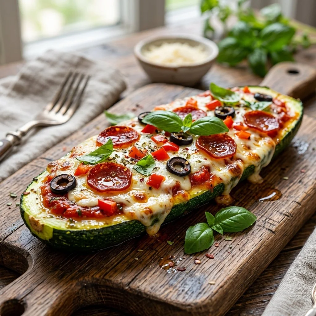 Delicious zucchini boat pizza topped with cheese and fresh vegetables.