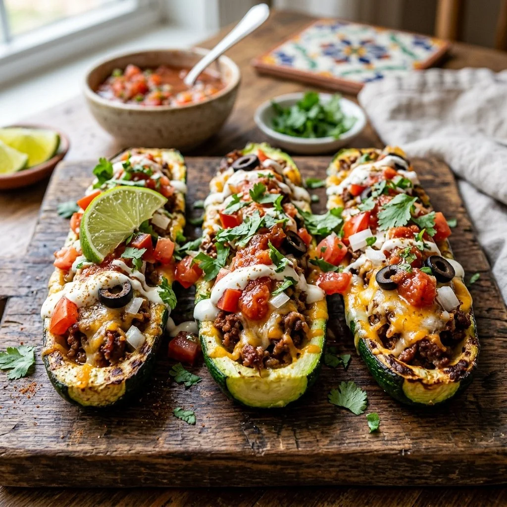 Zucchini Boat Tacos filled with fresh ingredients on a plate