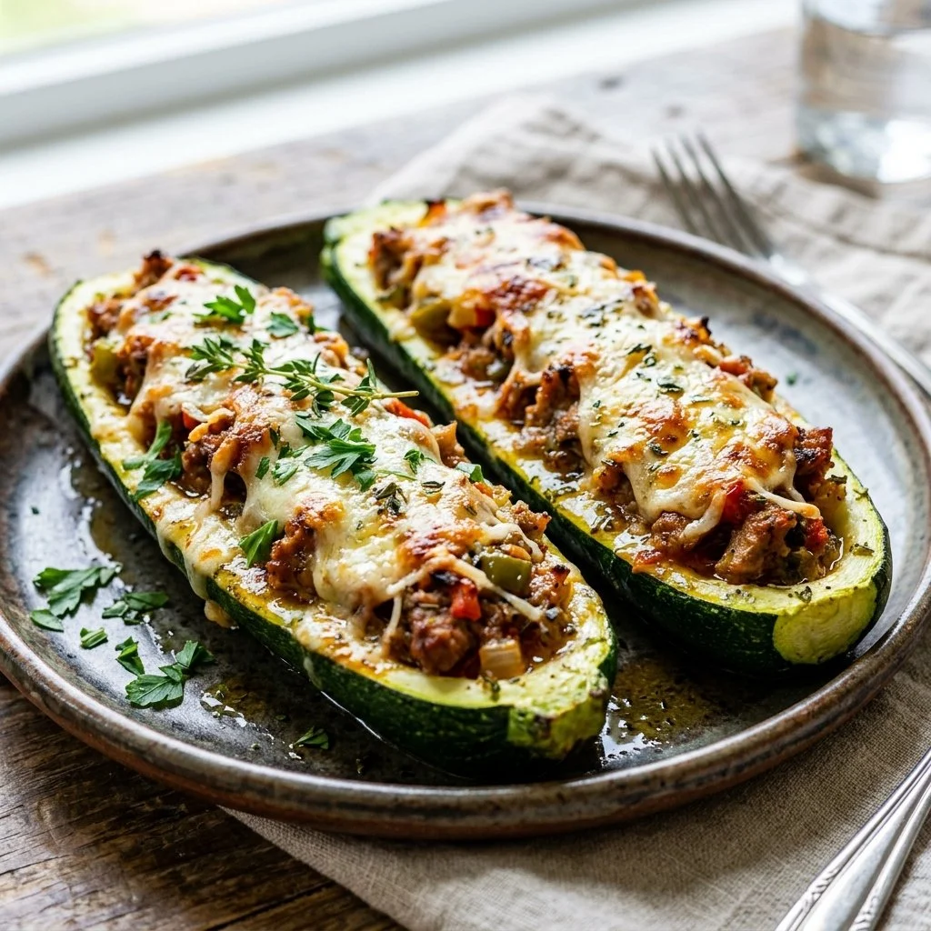 Deliciously baked zucchini boats filled with savory ingredients and herbs.