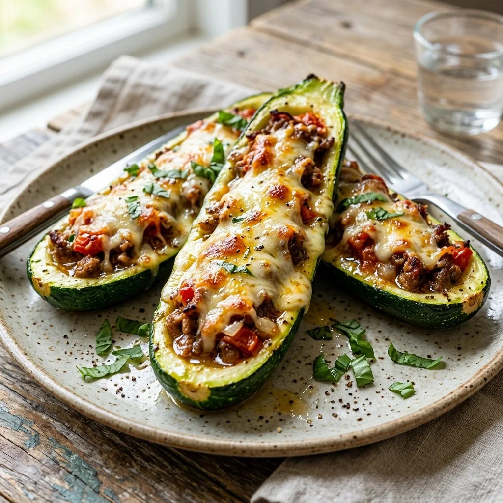 Stuffed zucchini boats filled with vegetables, cheese, and herbs for a healthy meal.