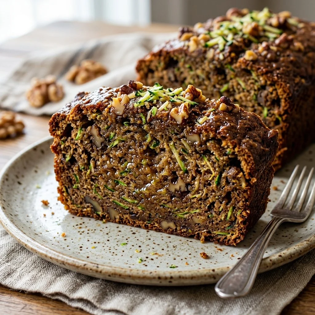 Delicious homemade zucchini bread sliced on a wooden table